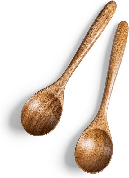 2 PCS Wooden Spoons for Honey, 6.7 inch Small Wooden Spoons - Terrific for Tea, Coffee & Soup, Little Acacia Wood Serving Table Spoon Set, Bulk Bamboo Teaspoon for Eating with Unique Design