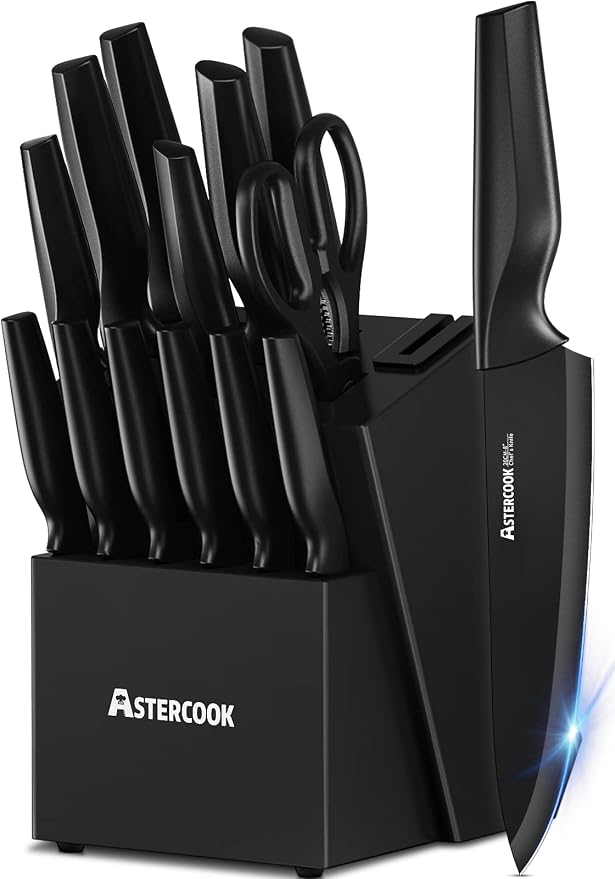 Astercook Knife Set, Kitchen Knife Set with Built-in Sharpener Block, Dishwasher Safe, 15 Pieces German Stainless Steel Knife Block Set, Black Perfect Kitchen Fathers Day Gift for Men