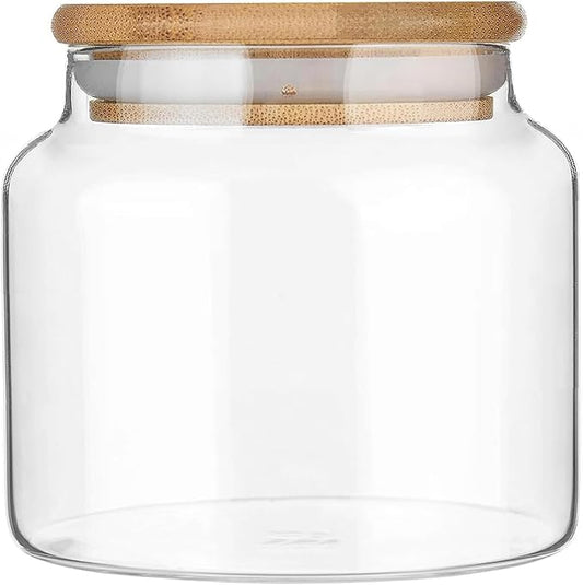 Custde 17 floz Small Glass Storage Containers with Lids,Candy Jar with Lid, Glass Food Storage Containers for Kitchen Counter, Pantry, Decorative Jar for Coffee, Sugar,Tea, Cute Jar(Bamboo 17 FL OZ)