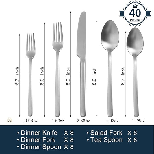 KINGSTONE 40 Piece Silverware Set, Flatware Set for 8, 18/10 Stainless Steel Cutlery Set Mirror Polished Modern Design Dishwasher Safe, Matte Silver