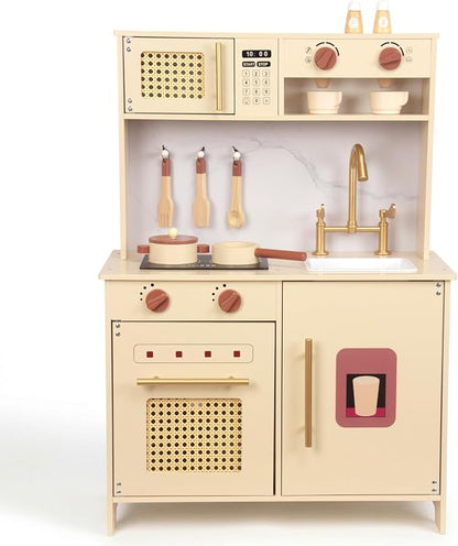 Wooden Kitchen Playsets for Kids, Pretend Play Kitchen with Realistic Clicking Sounds, Gold Faucet, Coffee Maker & Cooking Accessories, Set for Toddlers Boys Girls Age 3+