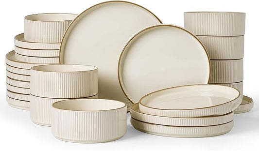 Famiware Star 24-Piece Stoneware Dinnerware Sets with Trim, Service for 8 - Ceramic Plates and Bowls Set, Ribbed Dishes with High Edge, Chip & Scratch Resistant, Microwave & Dishwasher Safe, Cream