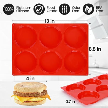 CAKETIME Jumbo Muffin Top Pan, Silicone Egg Molds for Breakfast Sandwiches 4 Inch Large Baking Pan for Oven English muffins, Whoopie Pies, Corn Bread, Tarts 2 Pack Red