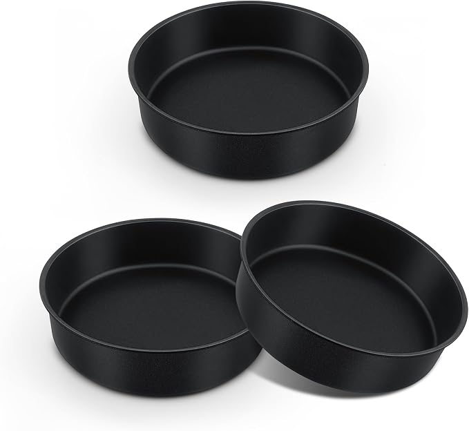 E-far 8 Inch Cake Pan Set of 3, Nonstick Round Baking Layer Cake Pans, Stainless Steel Core & Non-Toxic Coating, 2 Inch Deep (Black)