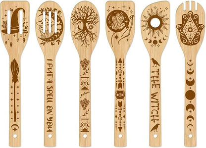 GLOBLELAND 6 Pcs Magic Divination Bamboo Cooking Utensils Wooden Engraved Cooking Spoons Set Carving Kitchen Bamboo Spatula Set for Women and Men Wood Cooking Spoon for Kitchen Fun House Warming Gift