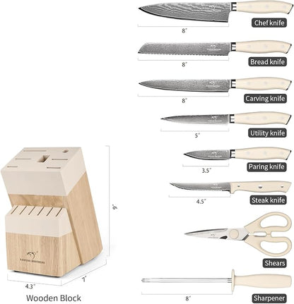 NANFANG BROTHERS Damascus Kitchen Knife Set 14 Pieces with Shears & Sharpener - VG10 Damascus Steel, ABS Ergonomic Handle, Wooden Block Storage White
