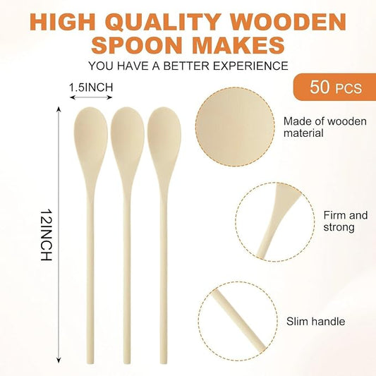 STARVAST 50 Pcs 12 Inch Wooden Spoons for Cooking, Wooden Mixing Spoons Long Handle for Mixing, Stirring or Tasting, Kitchen Utensils for Cooking and Crafts, Personalized Wood Burning