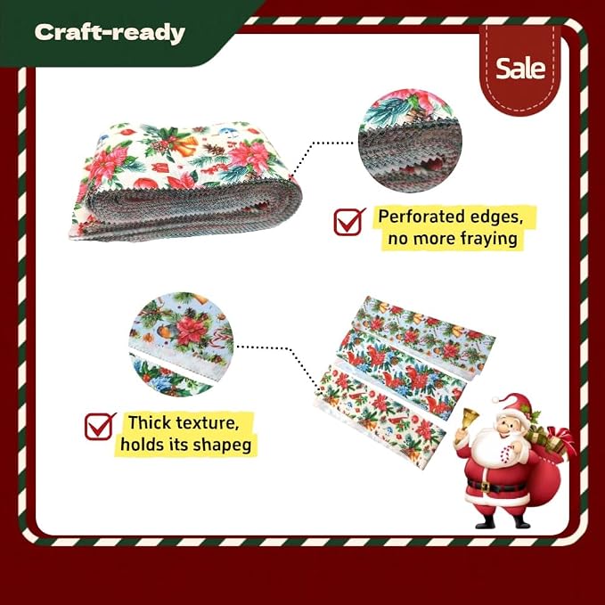40 Pcs Precut Christmas Quilting Fabric Strips | 20 Designs, Pinking Edge Prevents Fraying | 2.5x19.7 Inch for DIY Craft & Sewing