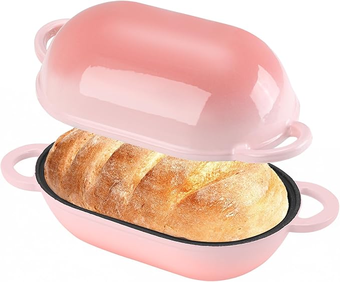 Enameled Cast Iron Sourdough Bread Oven, 2.5 QT Loaf Cast Iron Bread Pan with Lid, Oval Dutch Oven for Homemade Bread Baking, Meatloaf Pan with Lid (Pink)
