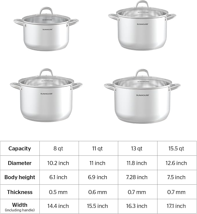 Sunhouse 8 Quart Stock Pot with Lid - 3-Ply Base Stainless Steel Cooking Pot - 8 QT Canning Dutch Oven Stock Pots - Oven Safe & Induction Cookware