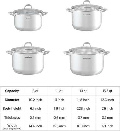 Sunhouse 8 Quart Stock Pot with Lid - 3-Ply Base Stainless Steel Cooking Pot - 8 QT Canning Dutch Oven Stock Pots - Oven Safe & Induction Cookware