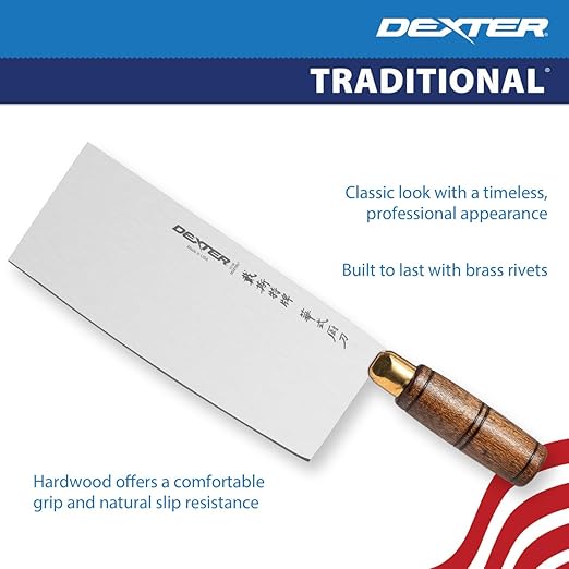 Dexter-Russell S5198 Traditional Chinese Chef’s Knife, 8" x 3-1/4" High Carbon Stain-Free Steel Blade, Walnut Handle, Professional USA Made Chef’s Knife for Precise Chopping and Slicing
