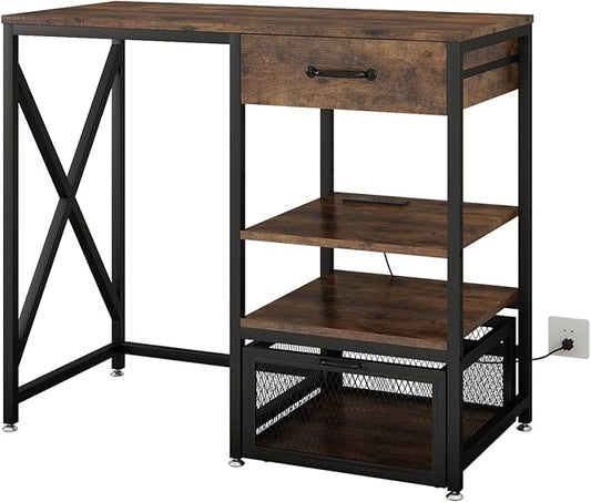 METYERRY Kitchen Bakers Rack with Power Outlet, Microwave Stand with Drawer, Mini Fridge Stand with Adjustable Shelves,Mini Fridge Cabinet Suitable for Dining Room, Dorm,Home, Rustic Brown