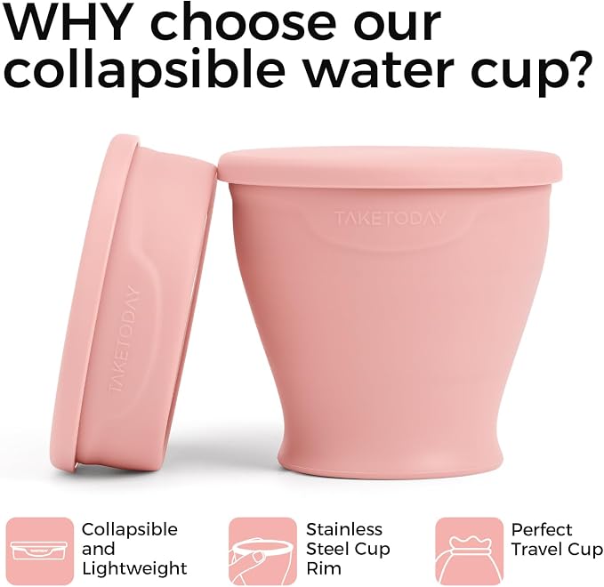 TakeToday Collapsible Travel Cup 8 oz - Silicone Foldable Water Cup, BPA-Free with Lid & Waterproof Bag - Drinking Cup Set for Camping, Outdoors & International Travel（Lowcountry Peach）