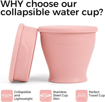 TakeToday Collapsible Travel Cup 8 oz - Silicone Foldable Water Cup, BPA-Free with Lid & Waterproof Bag - Drinking Cup Set for Camping, Outdoors & International Travel（Lowcountry Peach）
