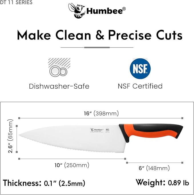 10 Inch Professional Chef Knife with Ergonomic Handle – NSF Certified Stainless Steel Kitchen Knife, Serrated Wave Teeth, Durable and Sharp Blade, DT 11 Series, Orange