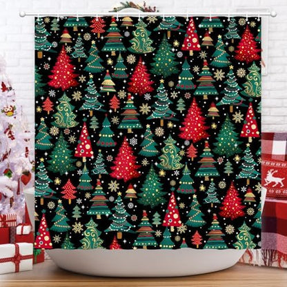 Shower Curtain Christmas, Holiday Shower Curtain Red Green Christmas Tree Snowflake ShowerCurtain Sets Waterproof Polyester Fabric Machine Washable Home Farmhouse Decor Bathroom Curtains