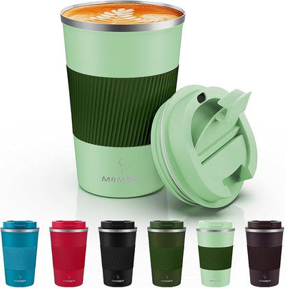 MOMSIV 12oz Travel Mug, Insulated Coffee Cup with Leakproof Lid, Vacuum Stainless Steel Double Walled Reusable Tumbler for Hot and Cold Water Coffee and Tea In Travel and Car (Green-380ml)