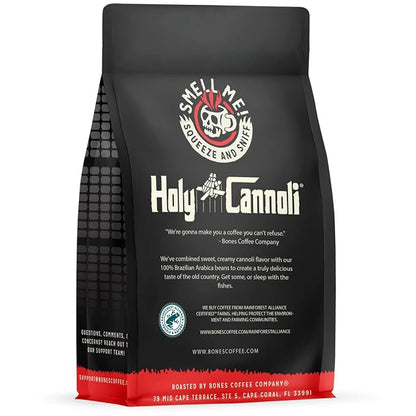 Bones Coffee Company Holy Cannoli, Baked Cannoli Flavored Coffee, Medium Roast Low Acid Arabica Beans Compatible with Auto drip and French Press Coffee Maker, 12 Oz Ground