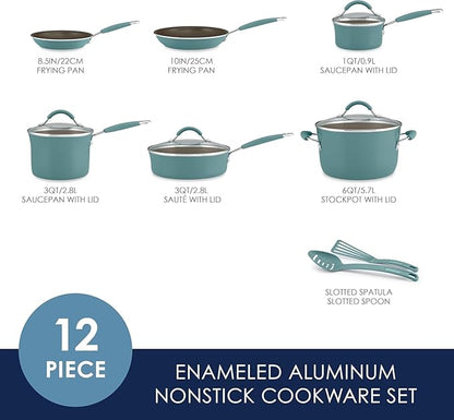 Rachael Ray Cucina Nonstick Cookware, Agave Blue Pots and Pans Set, 12-Piece