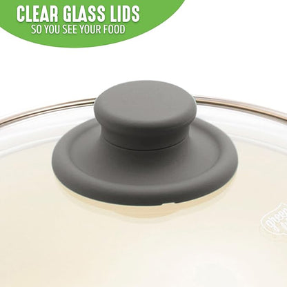 GreenLife Soft Grip 1QT and 2QT Saucepan Set, Healthy Ceramic Nonstick, Non Toxic PFAS & PFOA-Free, Dishwasher Safe, Glass Lids, Stay-Cool Handles, Easy Clean Cookware, Kitchen Essentials, Gray