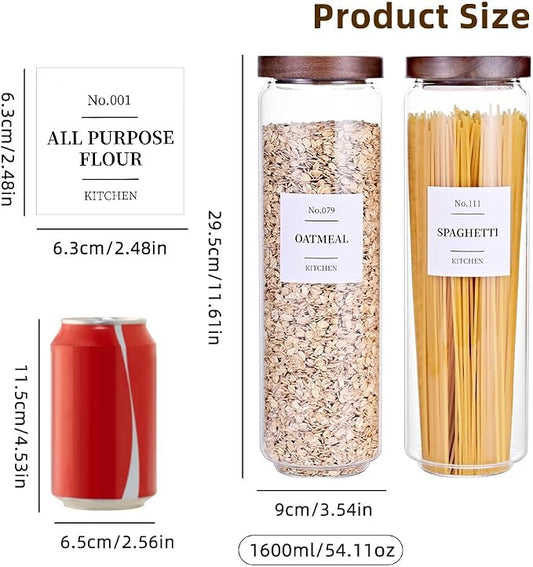Tzerotone Glass Pantry Storage Jars with Acacia Airtight Lid, 50 OZ Kitchen Canisters with Wood Lid and 132 Pantry Labels, Food Storage Containers Set of 3
