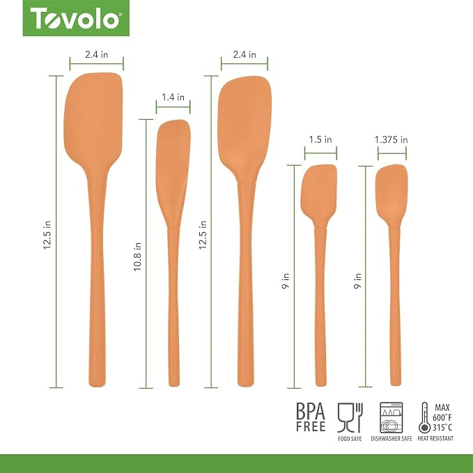 Tovolo Flex Core 5 Piece Silicone Spatula Set Heat Resistant All Silicone Utensils Include Non Stick Spatula Spoonula Jar Scraper, Dishwasher Safe BPA Free Spatulas for Baking Mixing, Apricot Orange