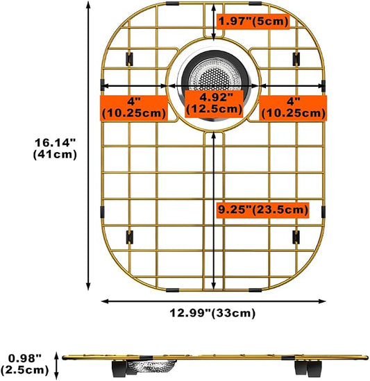 Gold Sink Protectors for Kitchen Sink 16.1"L X 13"W, Sink Rack for Bottom of Sink, Stainless Steel Sink Grid, Rust Resistant Metal Sink Protector with Sink Strainer