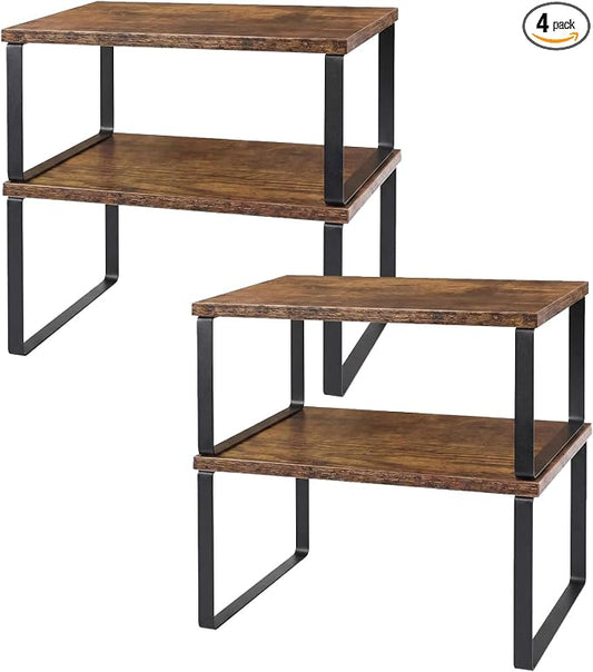 Kitchen Cabinet Organizer Shelf, Set of 4 Stackable Spice Rack Storage, Heavy Duty Metal & Wood Countertop Display Stand for Seasoning Bottles, Jars & Pantry Essentials（Brown）