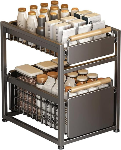 2 Tier Pull-out Storage Organizer, Slide Out Kitchen Cabinet Storage Sliding Shelves, Under Sink Organizers Drawer, Mesh Cabinet Basket with Handle for Bathroom, Home(Gray,Double Layer L)