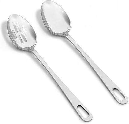 Abodpove Stainless Steel Cooking Spoons Set - Serving Spoons For Cooking, Large Cooking Serving Spoon & Slotted Spoon, Easy to Clean Kitchen Spoons Set, Dishwasher Safe
