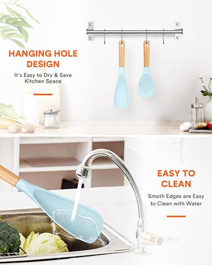 Cooking Spoon and Rice Scooper for Nonstick Cookwares, Great for Cooking and Serving Sturdy BPA-Free Matte Silicone, Wood Handle Spoon for Mixing, Scoop, and Scrape (BLUE)