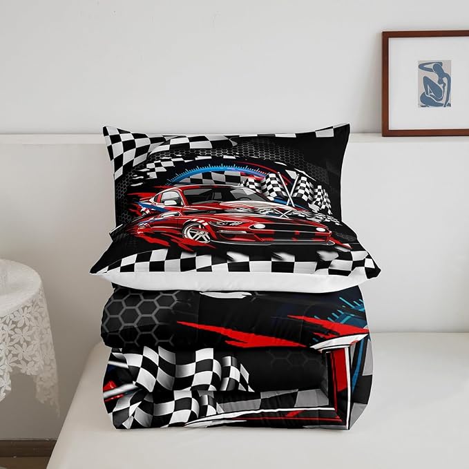 Manfei Racing Car Theme Comforter Set for Kids,Speeding Game Bedding Set Teens Boys Room Decor,Extreme Sports Comforter with 1 Pillowcase for All Seasons,Twin