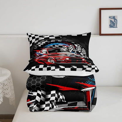 Manfei Racing Car Theme Comforter Set for Kids,Speeding Game Bedding Set Teens Boys Room Decor,Extreme Sports Comforter with 1 Pillowcase for All Seasons,Twin