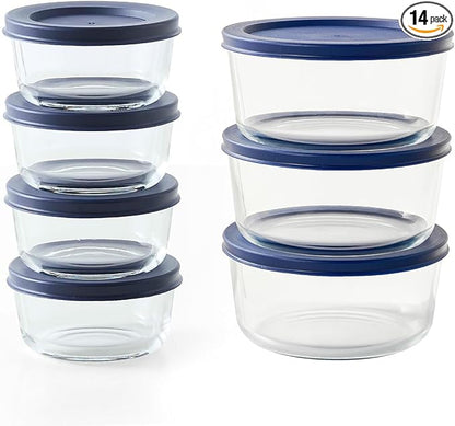 14-Piece Glass Food Storage Containers Set (7 Containers + 7 BPA-Free Lids) | 1-Cup & 4-Cup, Leakproof | Microwave, Freezer, Oven & Dishwasher Safe | Ideal for Meal Prep & Pantry Organization, Blue