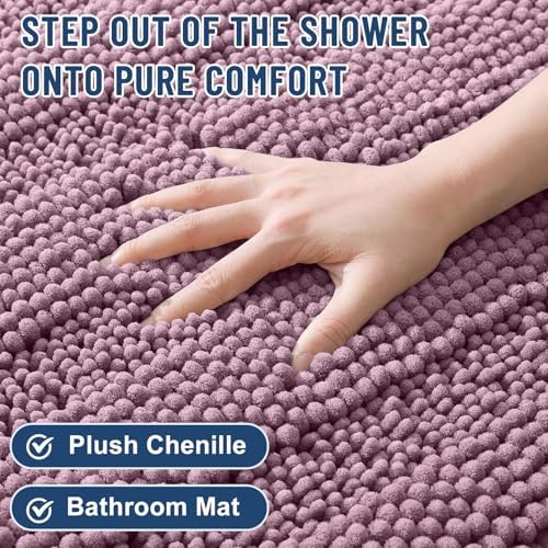 Grandaily Chenille Striped Bathroom Rugs 59x24, Extra Thick and Soft Absorbent Bath Mats, Rubber Backing, Plush Shaggy Shower Carpet, Machine Wash Dry, Bath Rug for Bathroom, Deep Plum