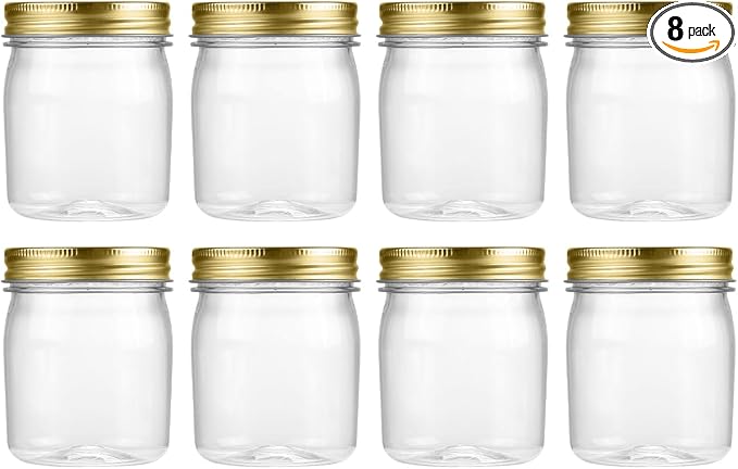novelinks 8 oz Clear Plastic Jars with Airtight Lids, 8 Pack Plastic Mason Jars with Lids 8oz, Refillable Storage Slime Containers & Small Spice Jar for Kitchen Organization (8 Pack,Gold)