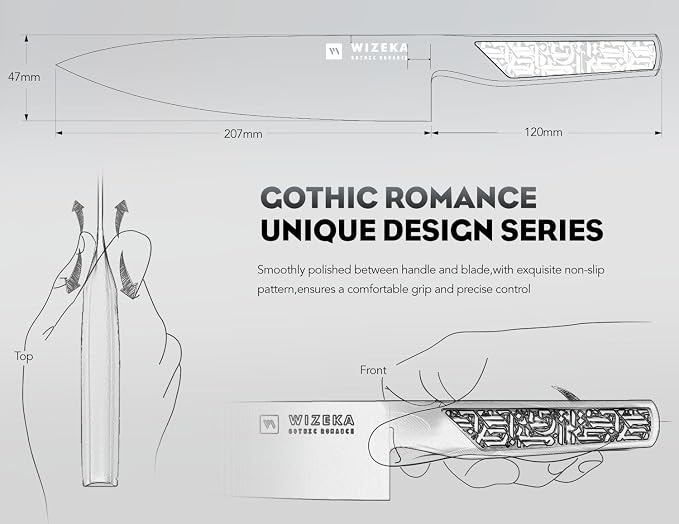 WIZEKA Chef Knife: 8 Inch: Extreme Sharp Kitchen Knife: Full Tang High Carbon Stainless Steel: Chef's knife with Ergonomic Handle with Unique Patterns,Gothic Series