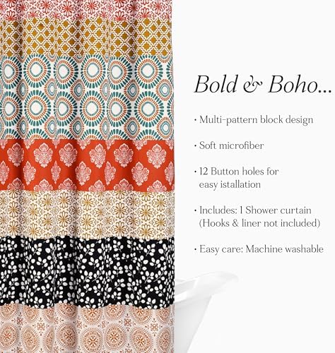Lush Decor Bohemian Stripe Shower Curtain 72" W x 84" L Turquoise & Orange - Bathroom Curtain - Extra Long Shower Curtain - Boho Decor - Striped Shower Curtains