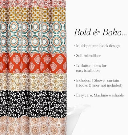 Lush Decor Bohemian Stripe Shower Curtain 72" W x 84" L Turquoise & Orange - Bathroom Curtain - Extra Long Shower Curtain - Boho Decor - Striped Shower Curtains