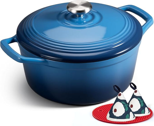 Overmont Enameled Cast Iron Dutch Oven - 5.5QT Pot with Lid Cookbook & Cotton Potholders - Heavy-Duty Cookware for Braising, Stews, Roasting, Sourdough Baking Blue