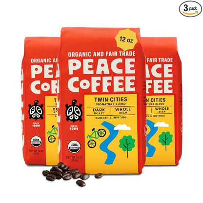 Peace Coffee Twin Cities Signature Blend Dark Roast Whole Bean Coffee, 12 oz, Pack of 3, Organic Fair Trade, Nutty, Bold Flavor, Shade Grown, Fresh Roasted