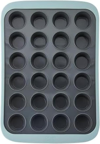 Chicago Metallic Silicone Mini Muffin Pan 24 Cup, Nonstick Cupcake Pan with Wire-Reinforced Rim, Oven Safe Flexible Baking Mold for Muffins, Egg Bites, and More, Blue, 14.6 x 10 Inches