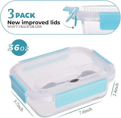 AILTEC Large Glass Food Storage With Locking Lids - Bento Box Lunch and Meal Prep Containers [3-Pack, 36 OZ]