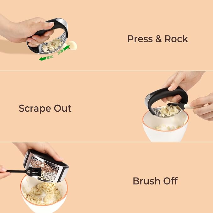 Garlic Press Rocker, Stainless Steel Garlic Mincer with Triangular Holes Effortless Squeeze for Weak Hands, Easy to Clean, Medium Garlic Crusher for Home Kitchen