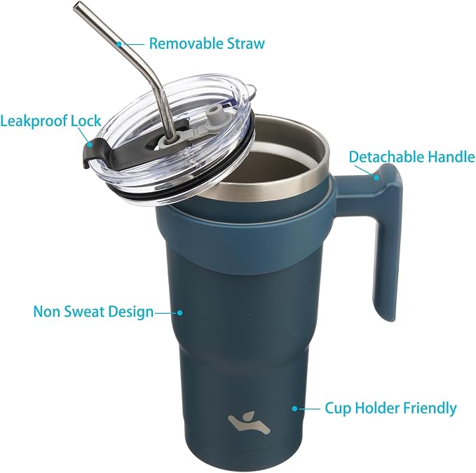 Konokyo 20 oz Tumbler with Handle and 2 Straw 2 Lid, Insulated Water Bottle Stainless Steel Vacuum Cup Reusable Travel Mug, Navy Blue