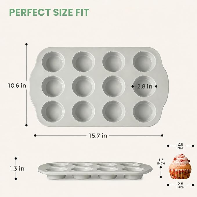 12-Cavity Muffin Pan, Nonstick Ceramic Cupcake Pan, Heavy-Duty 0.6mm Carbon Steel, Easy-Release Bakeware for Home Bakers & Holiday Treats, Grey