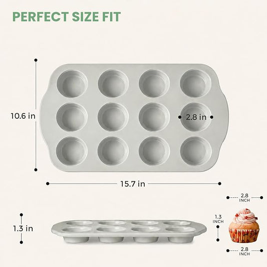 12-Cavity Muffin Pan, Nonstick Ceramic Cupcake Pan, Heavy-Duty 0.6mm Carbon Steel, Easy-Release Bakeware for Home Bakers & Holiday Treats, Grey