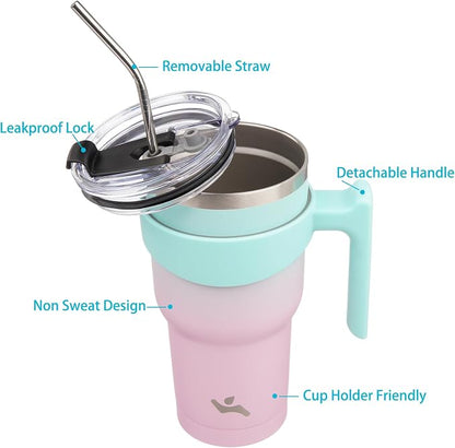 Konokyo 40 oz Tumbler with Handle and 2 Straw 2 Lid, Insulated Water Bottle Stainless Steel Vacuum Cup Reusable Travel Mug,Gum