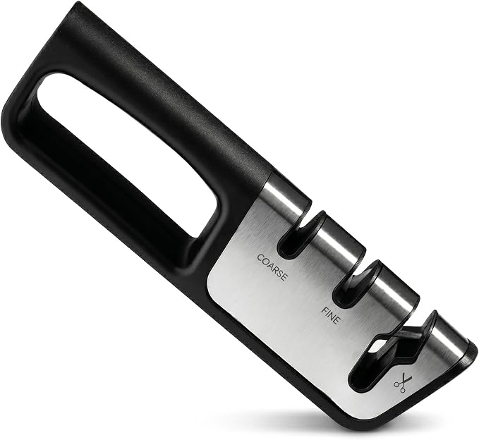 Premium 3-in-1 Knife and Scissors Sharpener, Professional Manual Kitchen Blade Sharpening Tool with Tungsten Ceramic Diamond Abrasives, Ergonomic Handle, Black